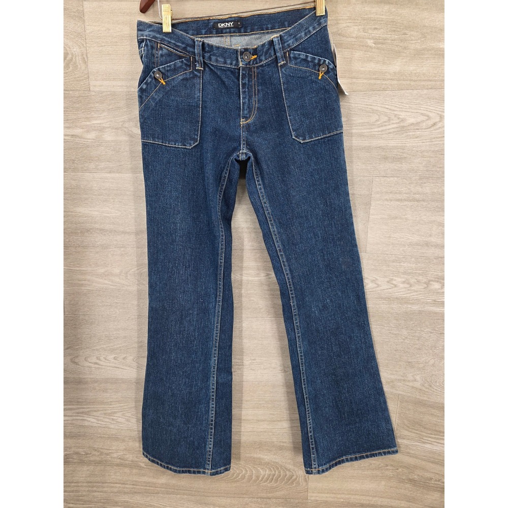 New DKNY Jeans Women Size 16 Dark Wash Blue Patch Pocket Flare BGKG0141891F